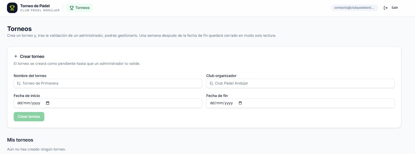 Pantalla para crear un torneo con nombre, club organizador y fechas