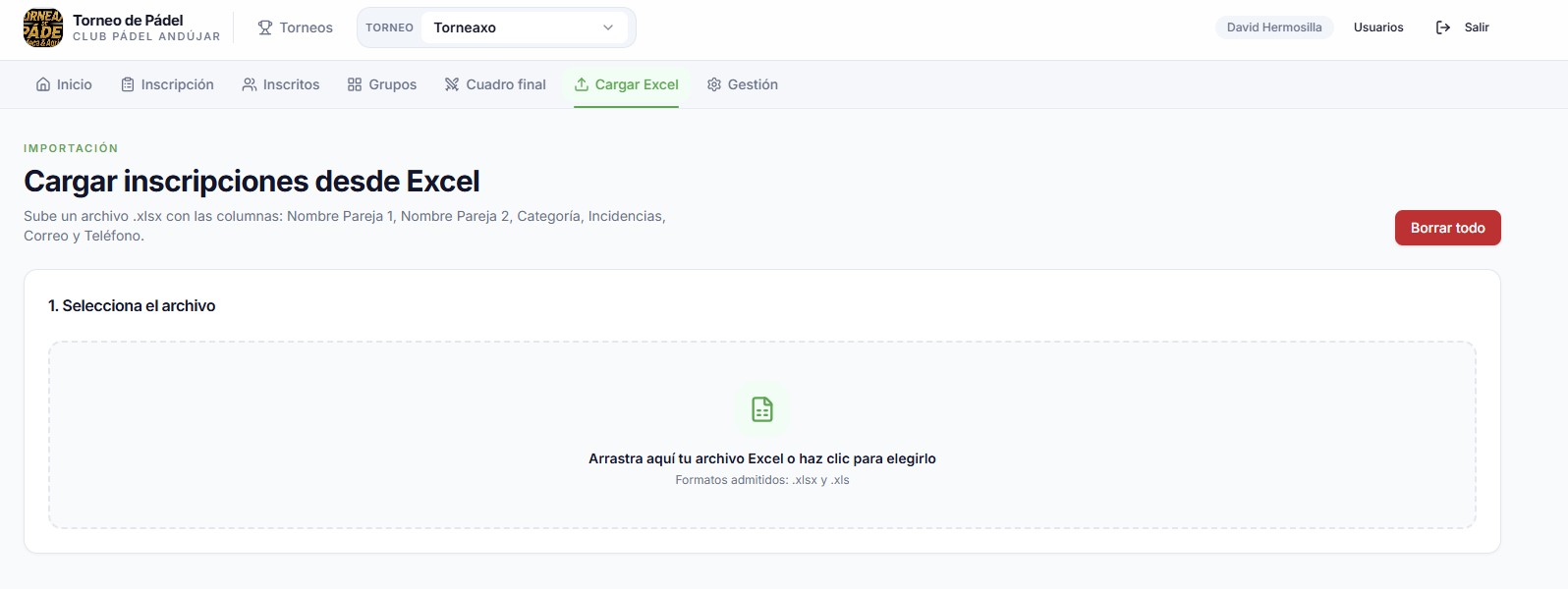 Pantalla para cargar inscripciones desde un archivo Excel