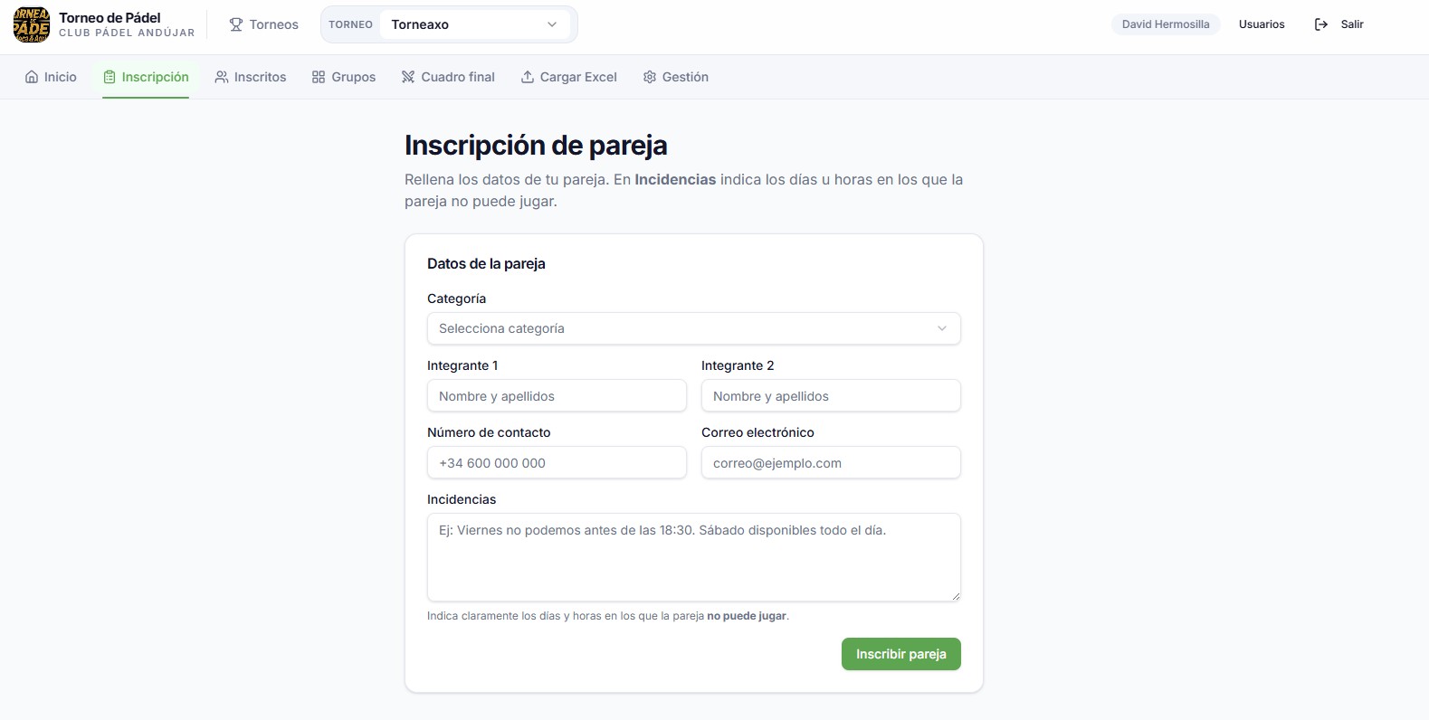 Formulario de inscripción de pareja con categoría, contacto e incidencias